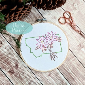 Digital Hand Embroidery Pattern I State of Montana Outline with Bitterroot I Easy Beginner Pattern