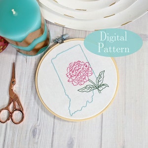 Digital Hand Embroidery Pattern I State of Indiana Outline with Peony I Easy Beginner Pattern