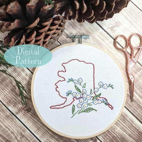 Digital Hand Embroidery Pattern I State of Alaska Outline with Forget-Me-Not I Easy Beginner Pattern