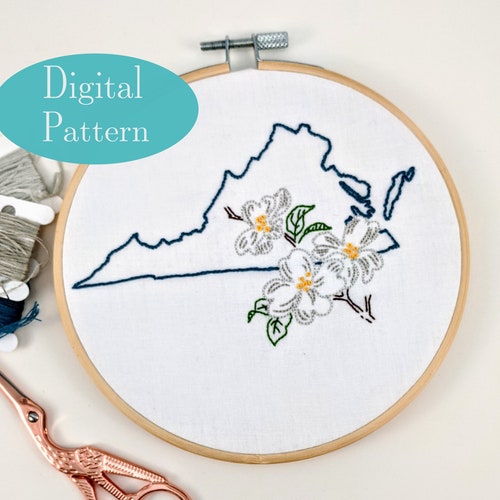 Digital Embroidery Beginner Pattern I Virginia State Outline with the Dogwood