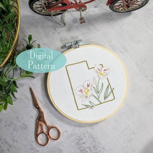 Digital Hand Embroidery Pattern I State of Utah Outline with Sego Lily I Easy Beginner Pattern