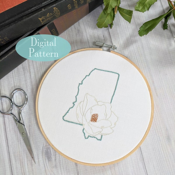 Mississippi with State Flower the Magnolia - Hand Embroidery Digital Pattern- Easy Beginner Pattern