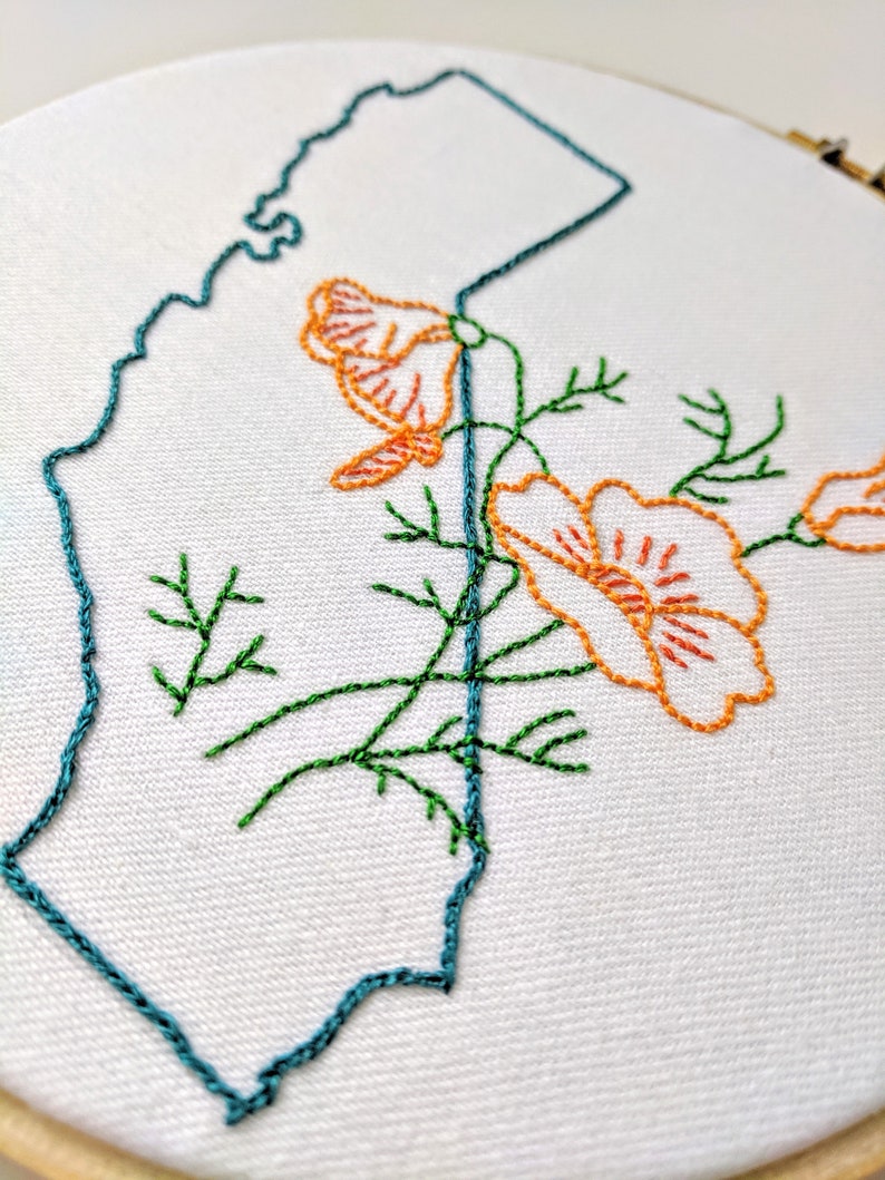 Digital Hand Embroidery Pattern I State of California Outline with Poppies I Easy Beginner Pattern image 4