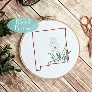 Digital Hand Embroidery Pattern I State of New Mexico Outline with Yucca Flower I Easy Beginner Pattern