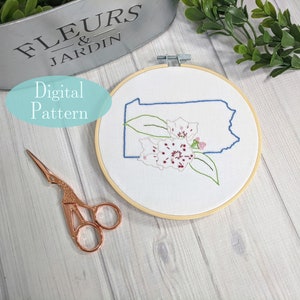 Digitaal handborduurpatroon I State of Pennsylvania omtrek met berglaurier I eenvoudig beginnerspatroon