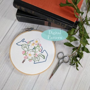 Digital Hand Embroidery Pattern I State of Michigan Outline with Apple Blossom I Easy Beginner Pattern