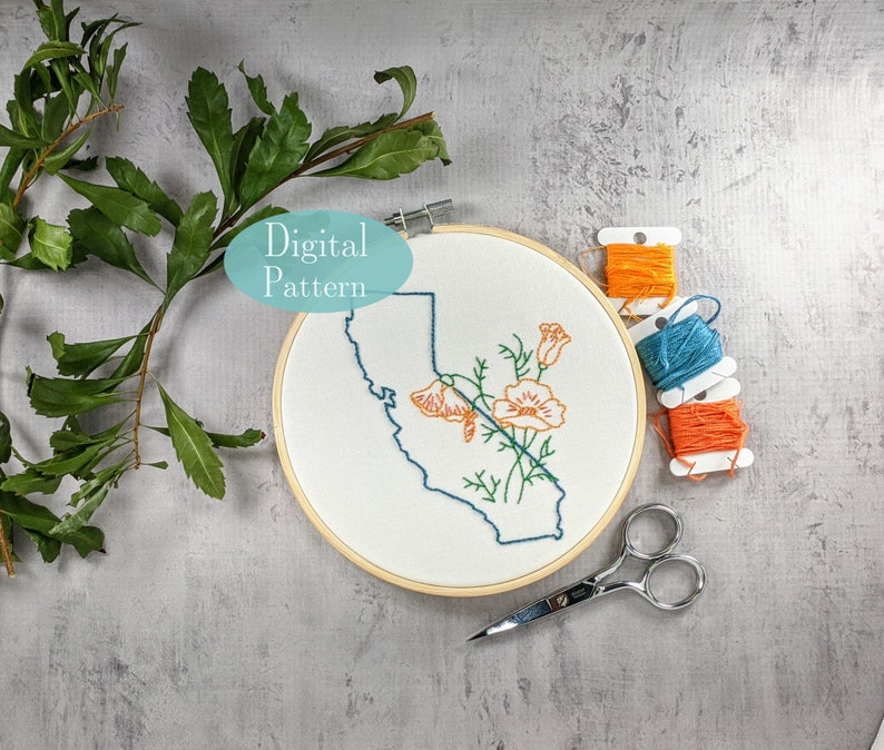 Digital Hand Embroidery Pattern I State of California Outline with Poppies I Easy Beginner Pattern image 1