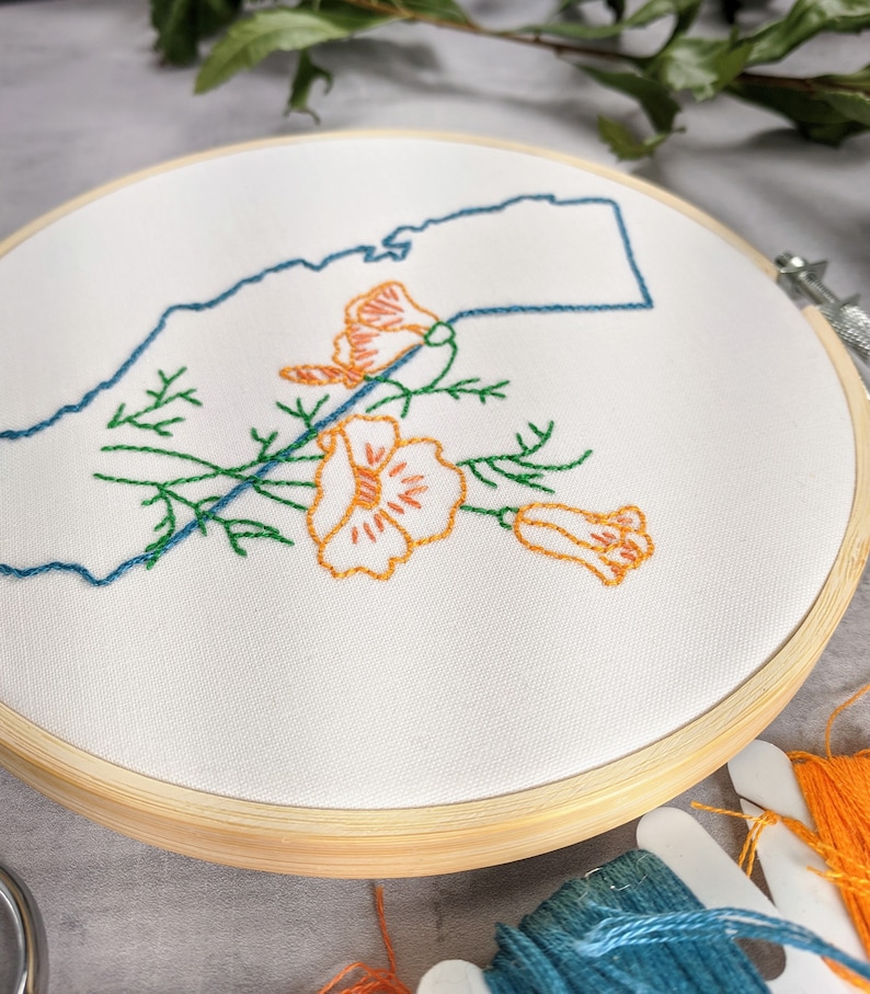 Digital Hand Embroidery Pattern I State of California Outline with Poppies I Easy Beginner Pattern image 2