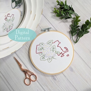 Digitales Handstickmuster I State of Massachusetts Umriss mit Mayflower I Einfaches Anfängermuster