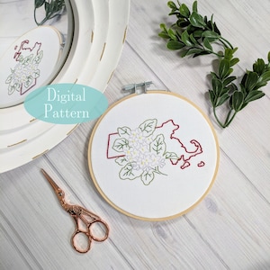 Digital Hand Embroidery Pattern I State of Massachusetts Outline with Mayflower I Easy Beginner Pattern