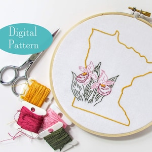 Digital Hand Embroidery Pattern I State of Minnesota Outline with Lady Slipper I Easy Beginner Pattern