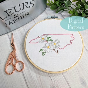 Digital Hand Embroidery Pattern I State of North Carolina Outline with the Dogwood I Easy Beginner Pattern