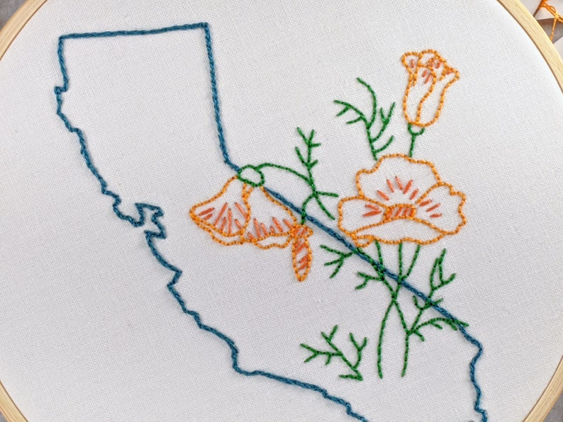 Digital Hand Embroidery Pattern I State of California Outline with Poppies I Easy Beginner Pattern image 3