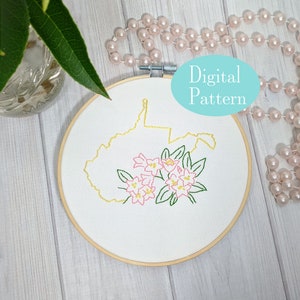 Digital Hand Embroidery Pattern I State of West Virginia Outline with Rhododendron I Easy Beginner Pattern