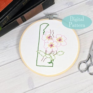 Digital Hand Embroidery Pattern I State of Delaware Outline with Peach Blossom I Easy Beginner Pattern