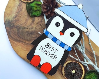 Wooden Penguin Christmas Decoration | Personalised Standing Shelf Ornament |  Reclaimed Wood Hand Cut and Painted Xmas Home Decor