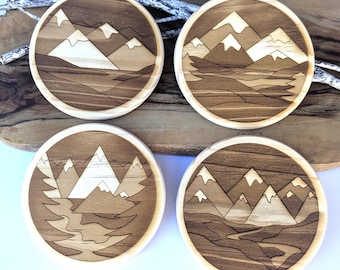 Mountain Illustration Laser Engraved Coasters, Set of 4