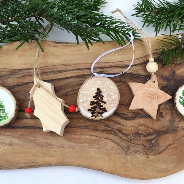Mix and Match Offer 3 for Ten Pounds / Handmade Wooden Christmas Decorations / Wood Slice Wreath / Holly / Wooden Star / Wood Slice Tree /