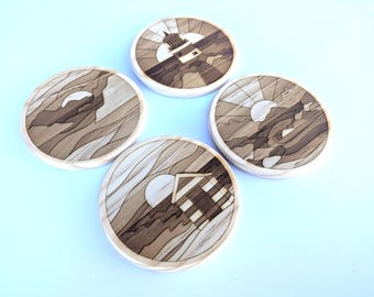 Beach Illustration Laser Engraved Coasters, Set of 4