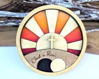Christ is Risen Sunrise Wooden Wall Art 10cm