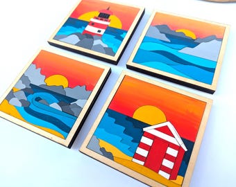 Beach Scene Coasters Hand Painted Set of 4