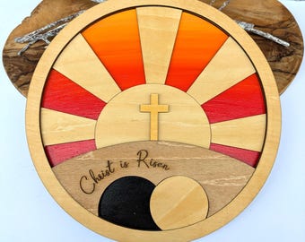 Christ is Risen Sunrise Wooden Wall Art 25cm