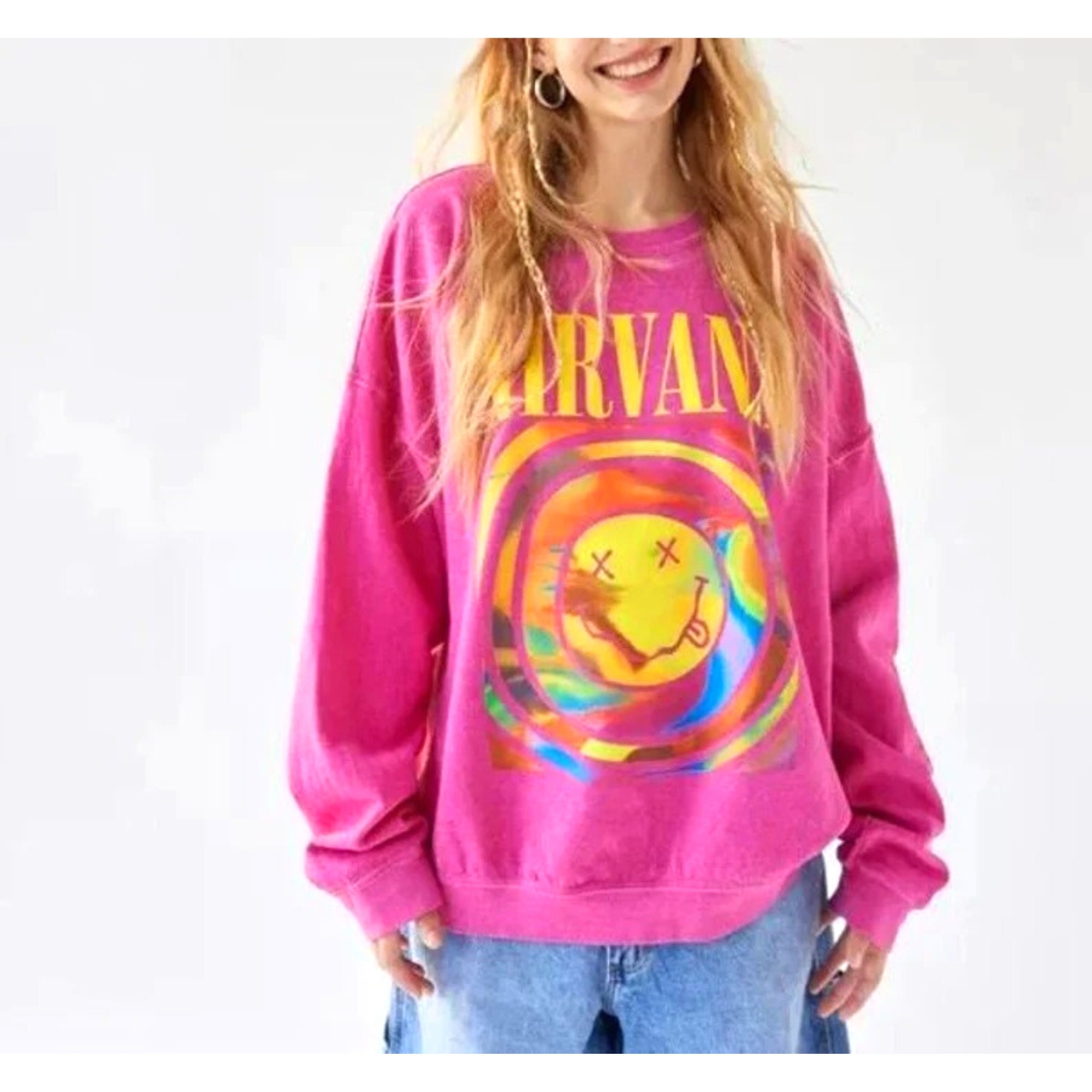 Heliconia Pink Color, Nirvana Smile Overdyed Unisex T-Shirt, Smile Face Sweatshirt