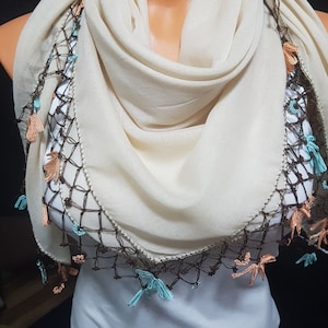 Scarf, Square scarf, wrap Scarf, Grey scarf, Cream Scarf, Needle work Scarf, Tatting Scarf, Sided Scarf, Head Scarf