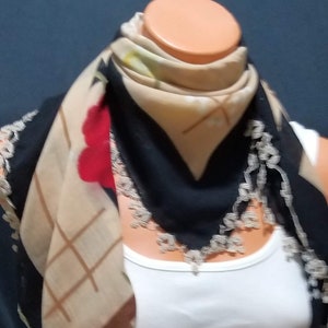 Womens Scarf , colorfull scarf, wrap Green Scarf,vintagescarf , Cream Scarf, Needle work Scarf Tatting Scarf Sided Scarf, Head Scarf
