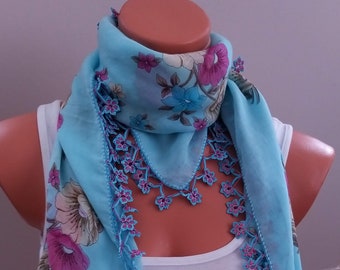 scarfflower scarfspring scarfscarfvintage yazma scarfhead scarfcowl scarf shawl blue Scarf, Square scarf,Floral Shawl,Headband,Scarf Angel