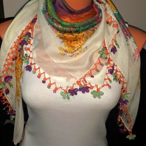 Womens Scarf , colorfull scarf, wrap Green Scarf,vintagescarf , Cream Scarf, Needle work Scarf Tatting Scarf Sided Scarf, Head Scarf