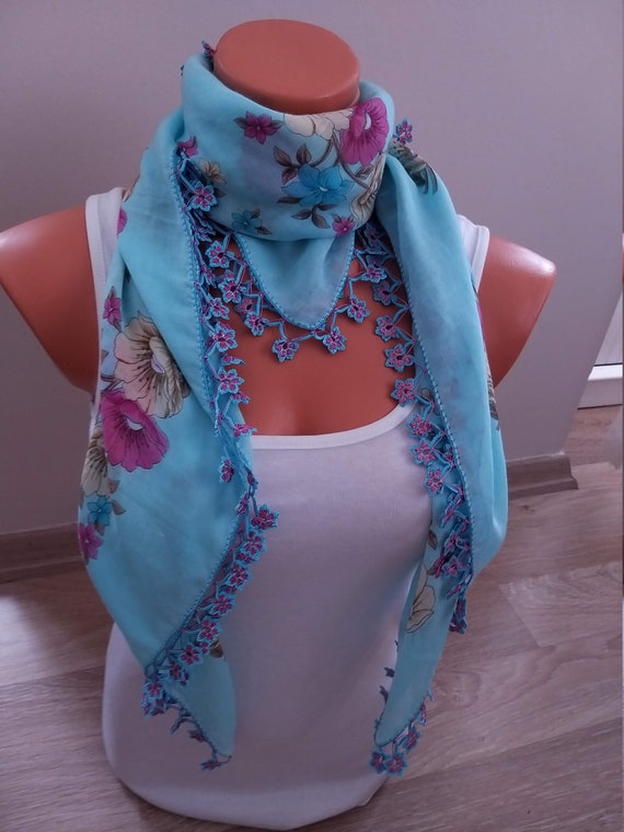 Vintage Floral scarf silk  Headband in Pink and Blue new! Pink Floral Scarf: Blue Flower Design, Silk Satin Wrap  main image 2
