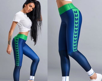 Blue & Green Stripe Workout Leggings for Women High Waisted - SSH10039
