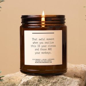 May include: A brown glass candle jar with a white label that reads "That awful moment when you realize this IS your circus and those ARE your monkeys." The label also includes the text "ECO FRIENDLY | VEGAN | ARTISANAL NATURAL SOY WAX CANDLE MONCIONI FRAGRANCE LAB".