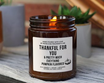 May include: A lit, brown glass jar candle with a white label that reads "THANKFUL FOR YOU & PRETTY MUCH EVERYTHING PUMPKIN FLAVORED." The candle is eco-friendly, vegan, and made with natural soy wax. A small pumpkin graphic is on the label.
