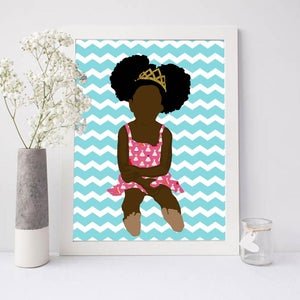 8x10, Instant Download, Art for kids, little black girl, afro, wall art for kids, black artist, pink, blue, chevron, wall art for home
