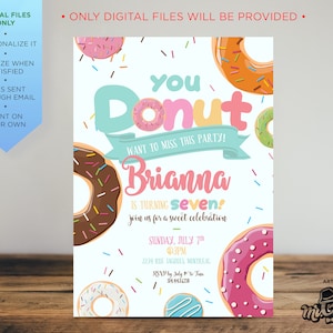 Donut Party, Donut Birthday, Donut Invitation, Donuts, Doughnuts, Girl birthday, Donut Girl birthday, Donut Birthday Invitation, You Donut,