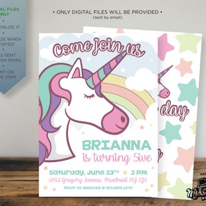 Anniversaire licorne, invitation licorne, arc-en-ciel, étoiles et nuages, faire-part, carte d&#39;anniversaire, invitation licorne, 5e anniversaire, 6e anniversaire
