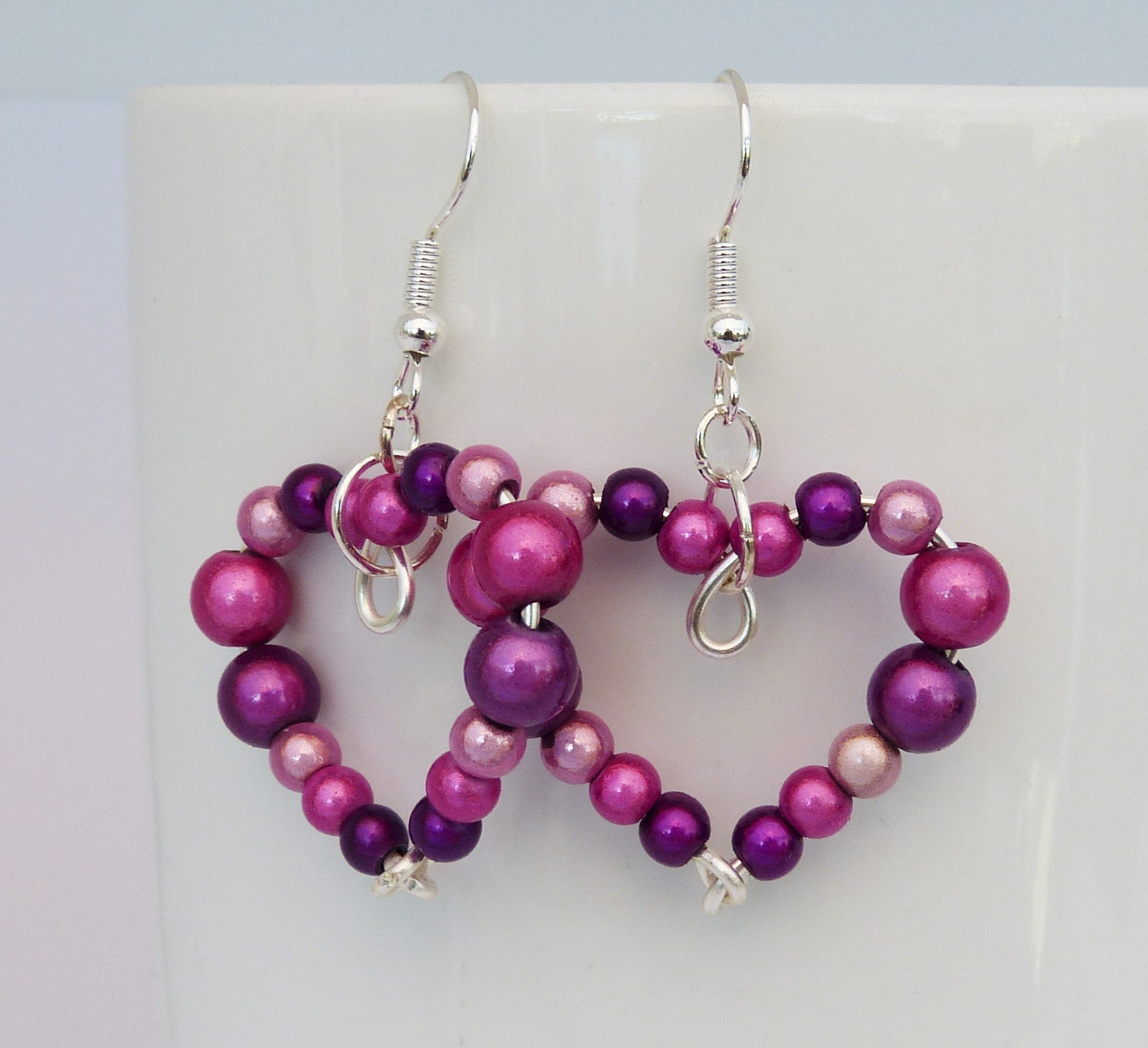 Purple Miracle Beads Handmade Earrings Silver Wire Hoop Earrings.