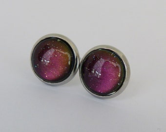 Stainless Steel Stud Earrings - Purple/Gold/Green with twinkly holographic glitter