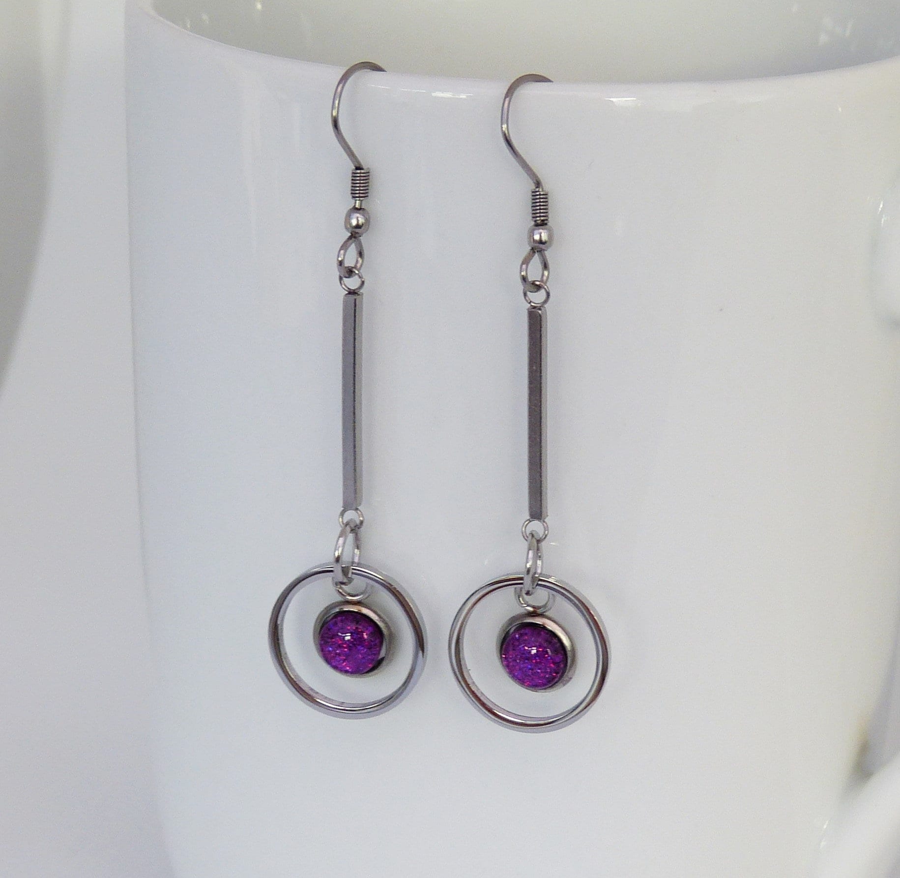 Long DangleDrop Earrings Gifts for Her Holographic Vivid Violet Purple Glitter Nail Polish Stainless Steel Stocking Filler