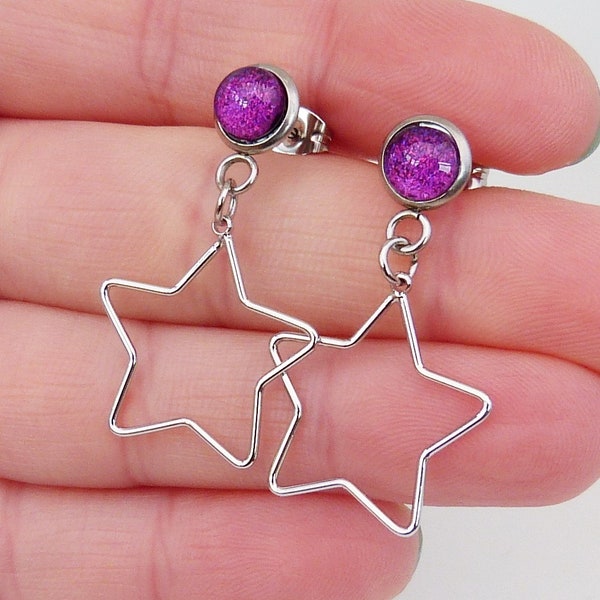 Star Dangle Stud Earrings - Holographic Purple - Festive Jewellery