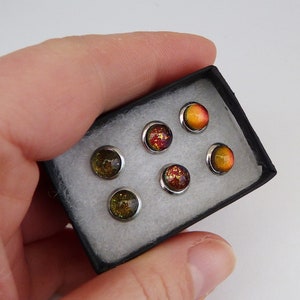Op de afbeelding: Een set van zes ronde oorstekers in een zwarte doos. De oorbellen hebben een zilverkleurige metalen rand en zijn voorzien van kleurrijke, gespikkelde ontwerpen in tinten rood, oranje en groen. De doos wordt in een hand gehouden.