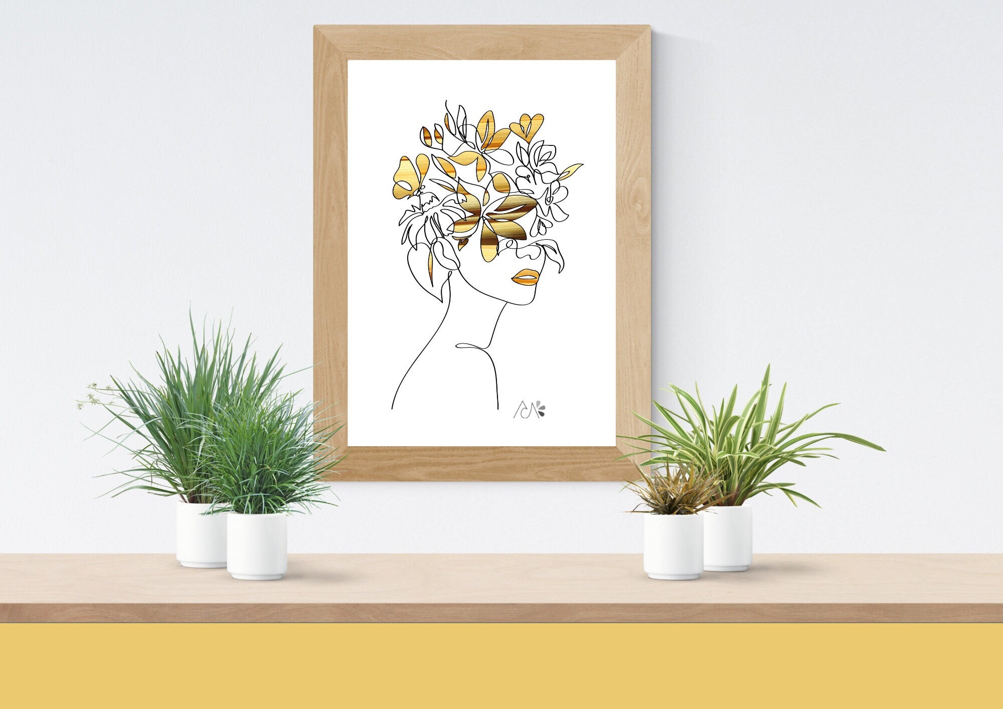 Affiche One Line Portrait Femme Nature - Fleuri Coloris Variés, Sur-Mesure Marqueterie de Paille, Ar