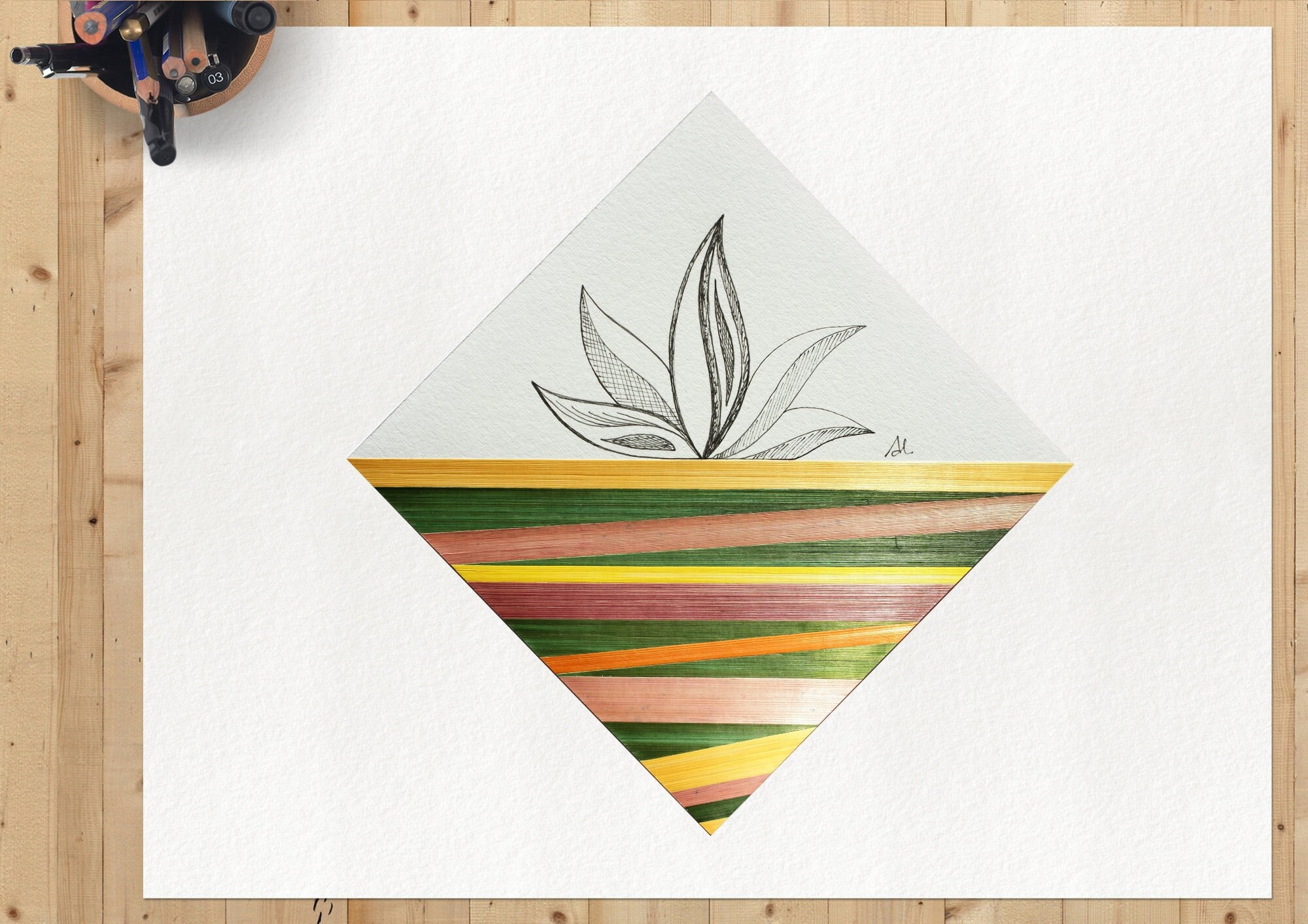 Fleur de Lotus Dessin et Marqueterie Paille - Création Originale Pour Une Note Légèreté & Couleurs D