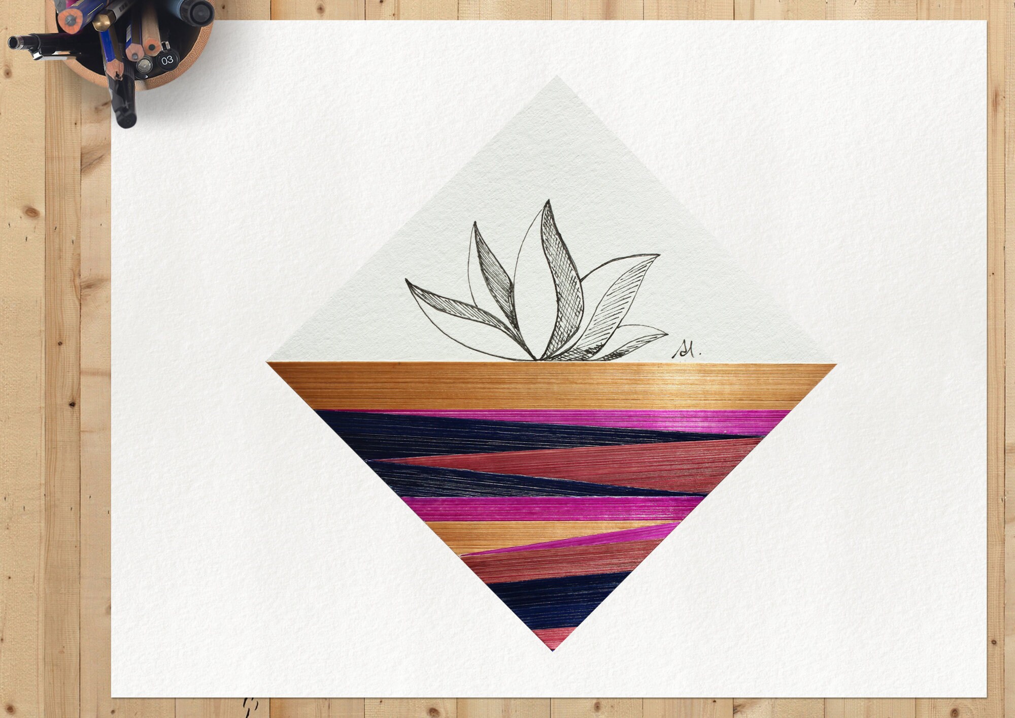 Dessin Original Au Feutre et Composition Géométrique en Marqueterie de Paille - Création Unique Sing