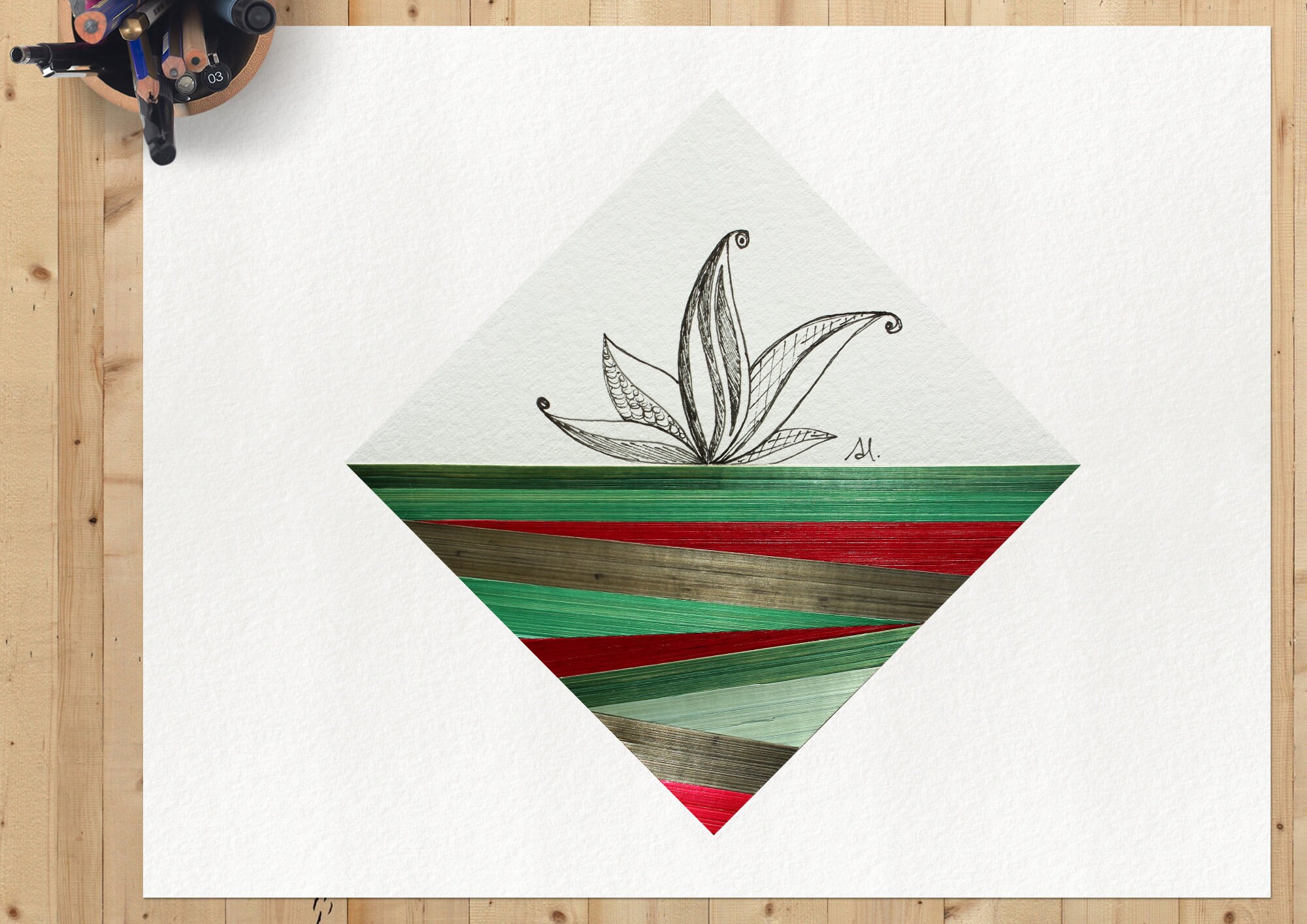 Composition à Accrocher Originale en Marqueterie de Paille et Dessin Au Feutre Fin d'une Fleur Lotus