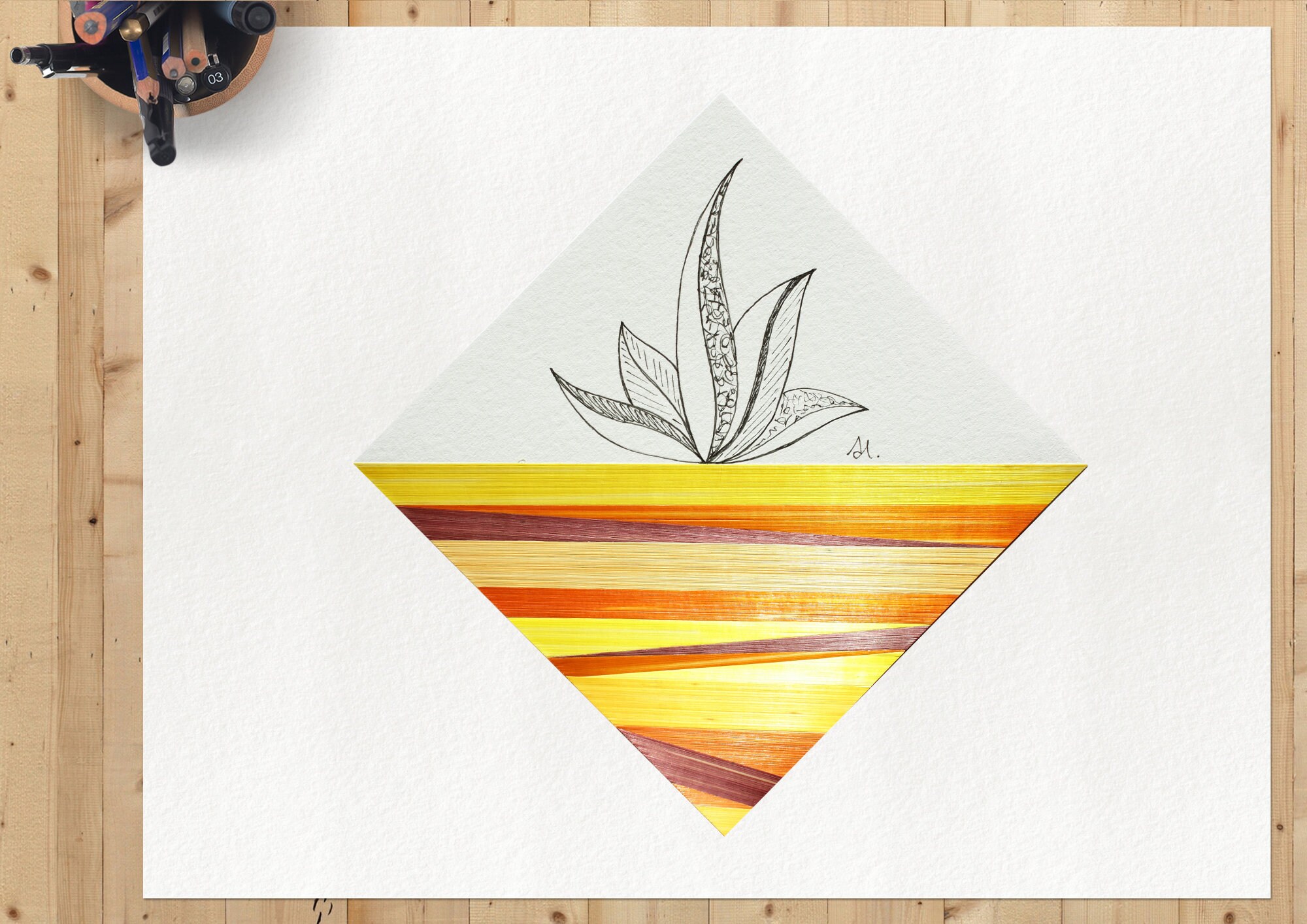 Cadre Motif Fleur Inspiration Zen Nature - Marqueterie de Paille et Dessin Original Au Feutre Fin - 