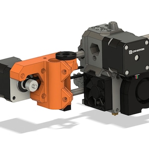 Op de afbeelding: Een oranje en zwarte 3D-geprinte 3D-printer extruder met een zwarte ventilator en een zwarte motor met de tekst "LDO MOTORS" erop.