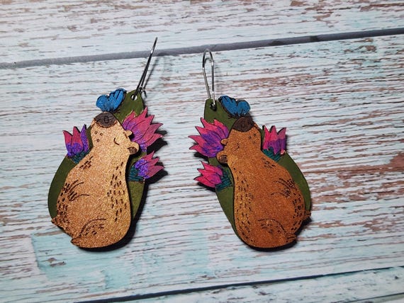 Floral Capybara Handpainted Wood Dangle Earrings